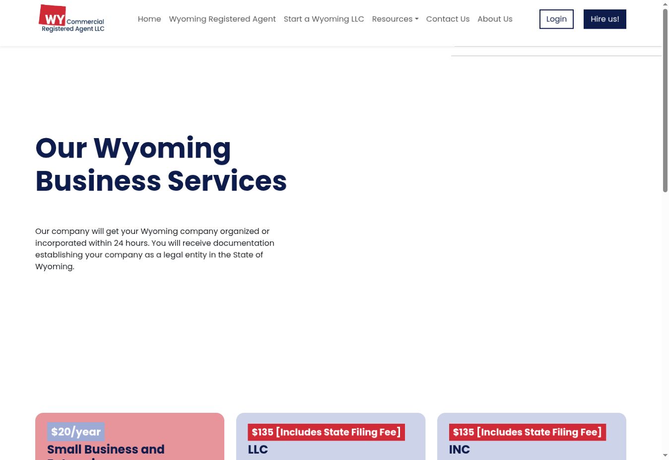 WY Commercial Registered Agent LLC 网站显示每年 20 美元注册代理和 135 美元公司设立套餐