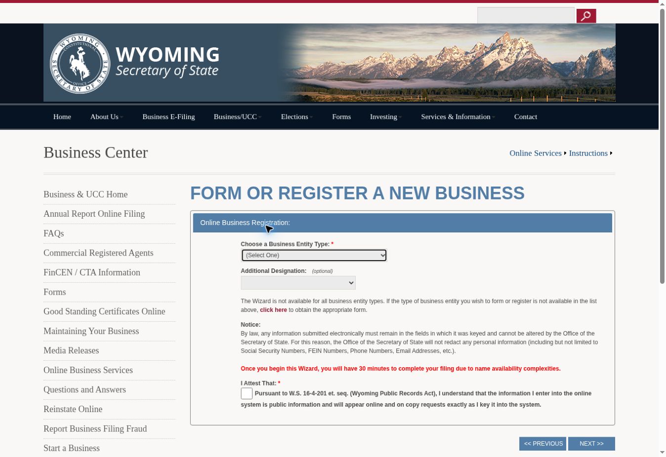 WyoBiz 新公司注册向导的实体类型选择页面