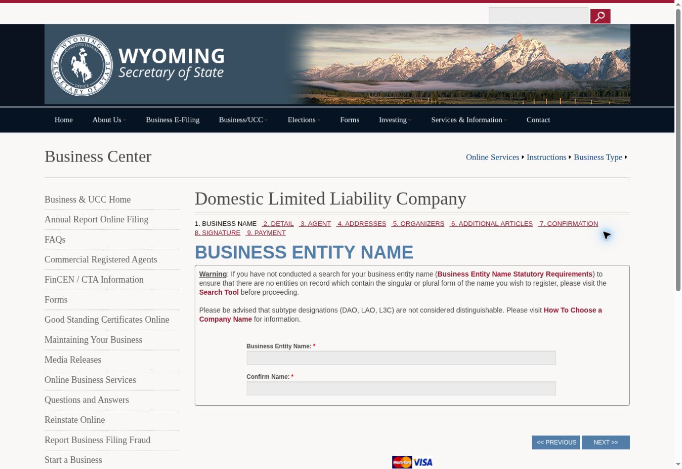 WyoBiz Domestic Limited Liability Company 公司名称填写页和九步向导