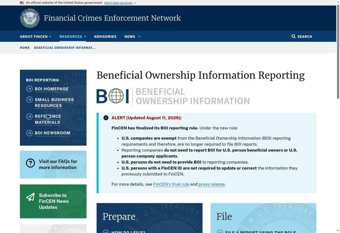 FinCEN 2026 年 8 月 11 日更新页面显示美国公司豁免 BOI 申报