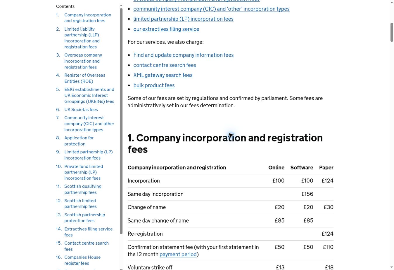 英国 Companies House 官方页面显示在线注册一百英镑和确认声明五十英镑