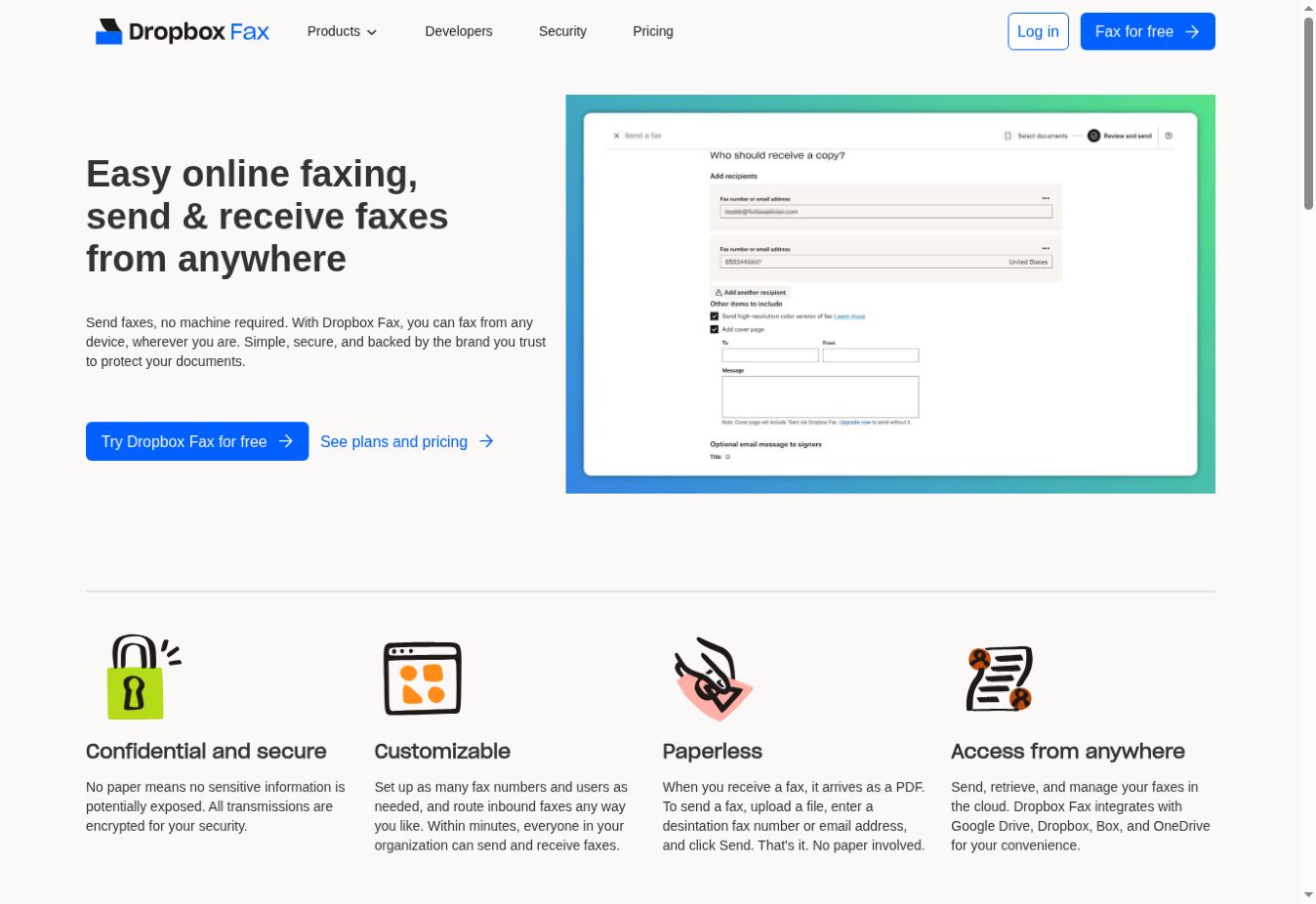 Dropbox Fax 官网发送界面演示截图，展示收件人号码和可选封面字段