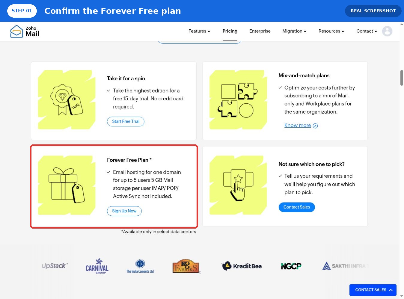 Zoho Mail Forever Free 免费企业邮箱套餐页面