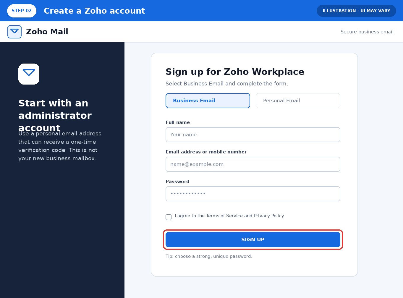 Zoho Workplace 企业邮箱注册页面示意图