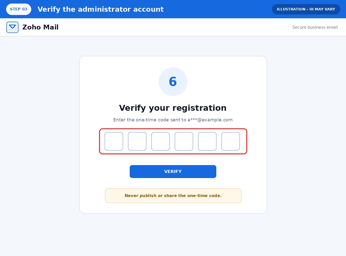输入 Zoho 注册验证码的页面示意图