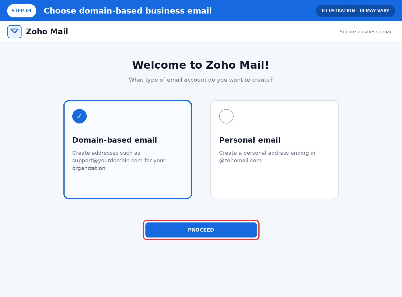 选择 Zoho 自有域名企业邮箱的页面示意图
