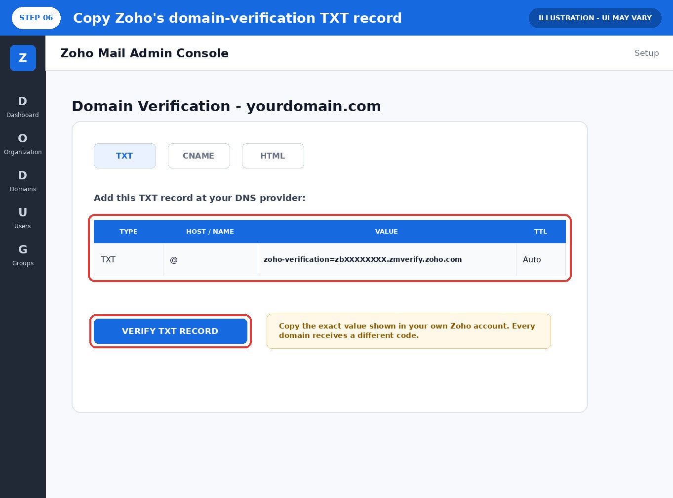 复制 Zoho 域名验证 TXT 记录的页面示意图
