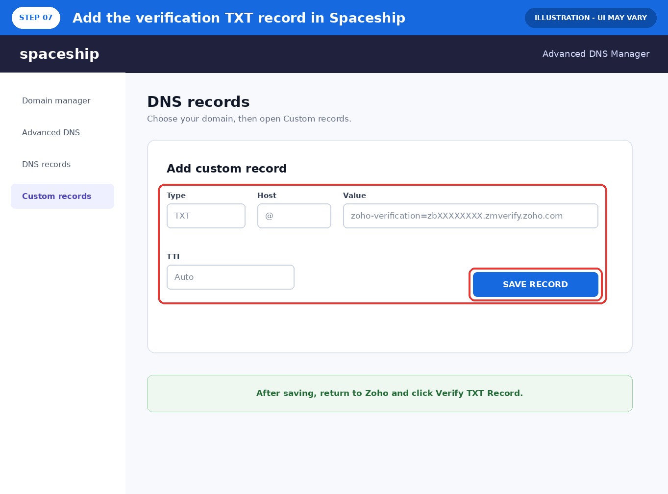 在 Spaceship 添加 Zoho 域名验证 TXT 记录示意图