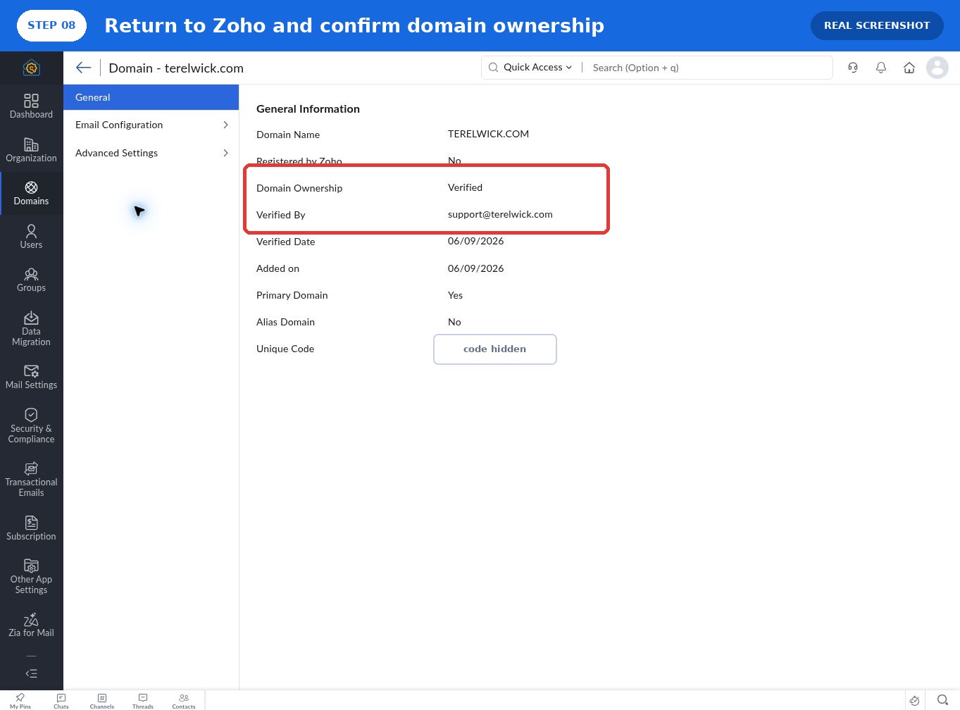 Zoho Mail 显示 terelwick.com 域名所有权验证成功
