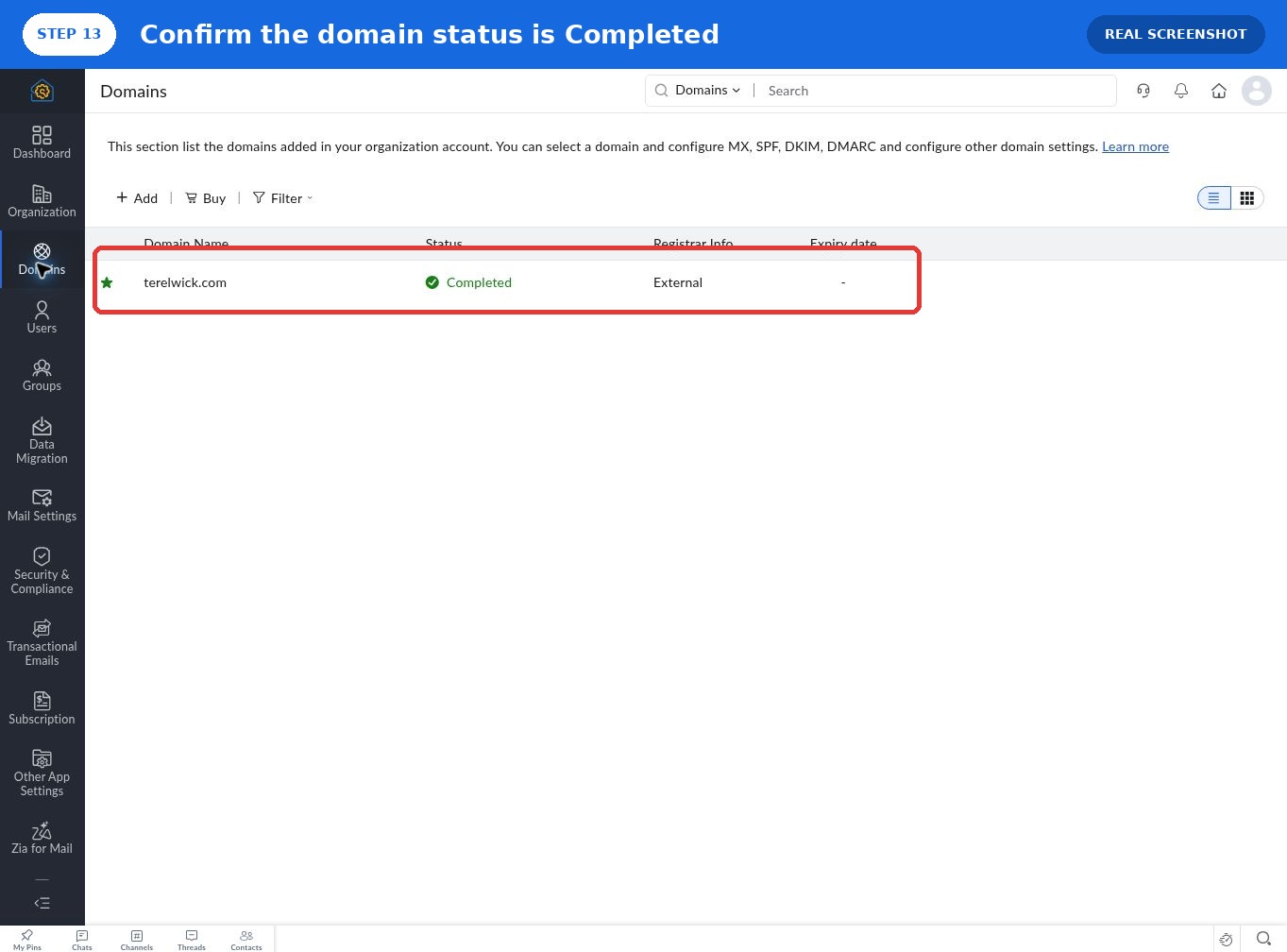 Zoho Mail 域名列表显示 terelwick.com Completed