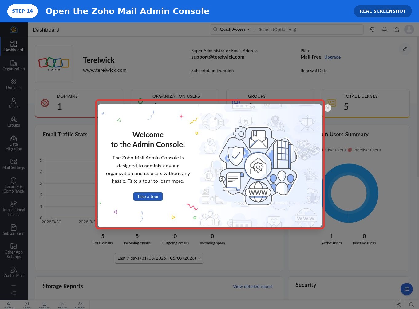 Zoho Mail 免费版管理员控制台欢迎页面